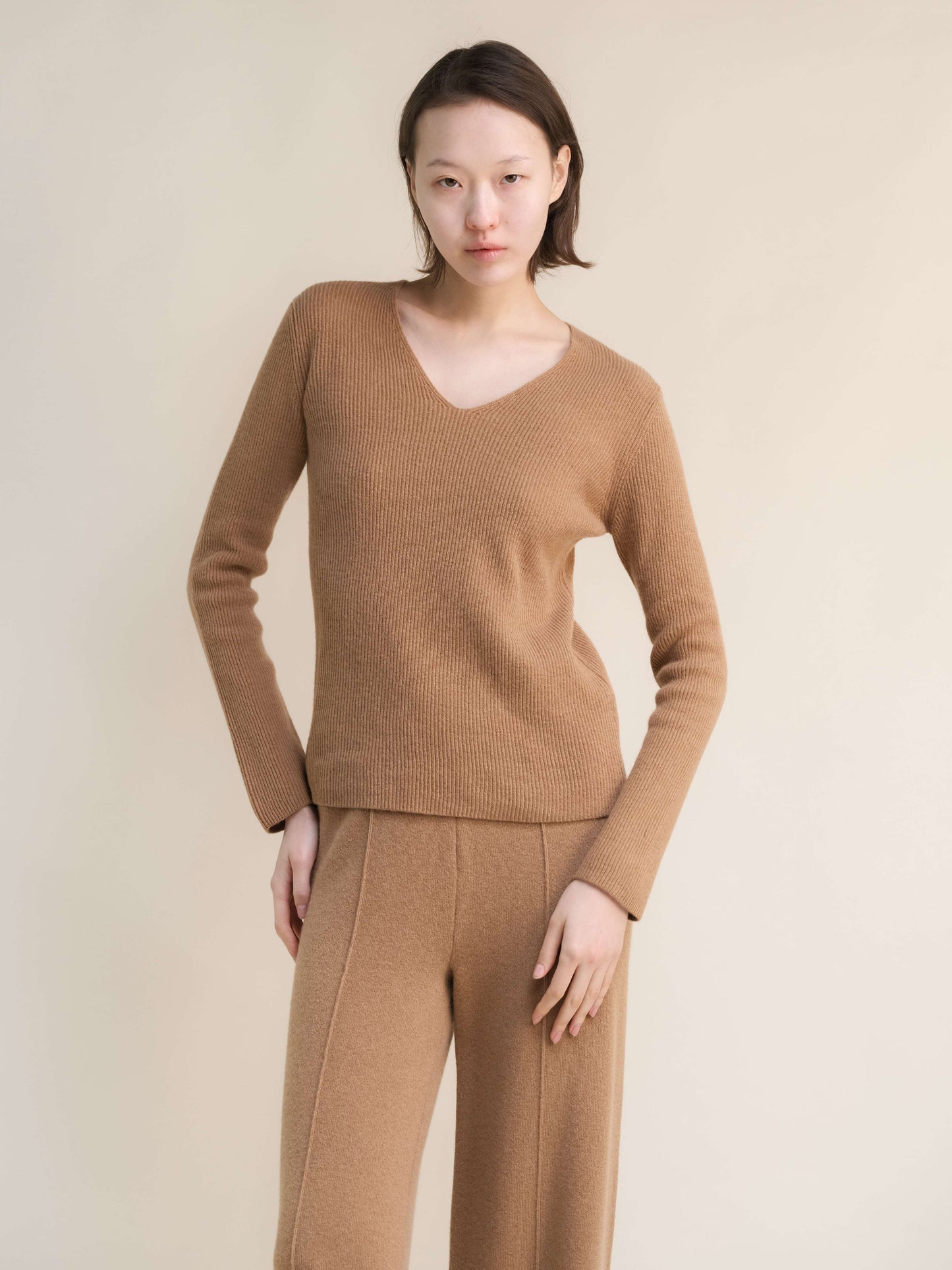 Camel-toned Cashmere Mix Ribbed V-Neck Sweater by HenryPawHaven. Timeless Italian knitwear in soft, breathable wool-cashmere blend.