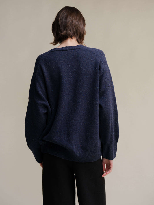 Back view of Tweed Oversized Cardigan in navy