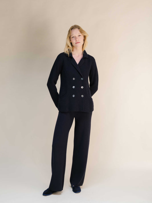 Italian knitwear cashmere wool blend jacket in navy, double breasted with relaxed fit and refined tailoring for versatile outerwear styling.