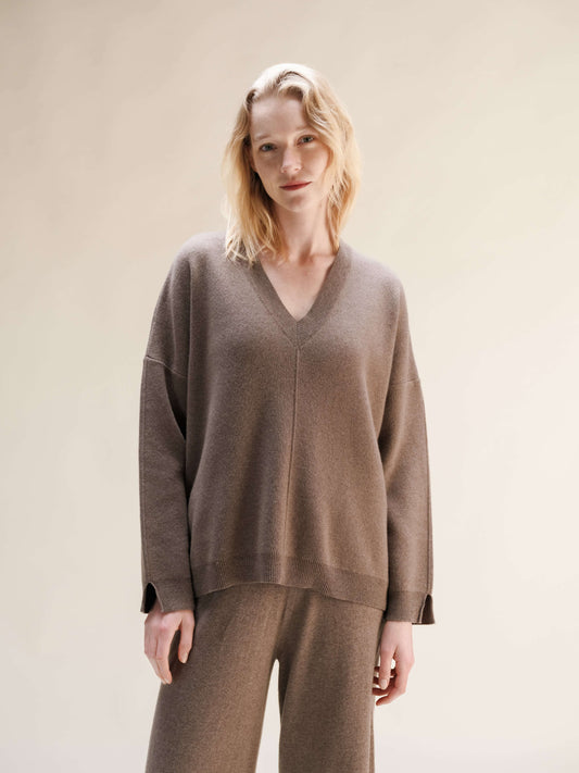 Cashmere Mix Solid Maxi V Neck with Lateral Slits in taupe brown, designed with a relaxed silhouette and side slits for elegant sweater layering.