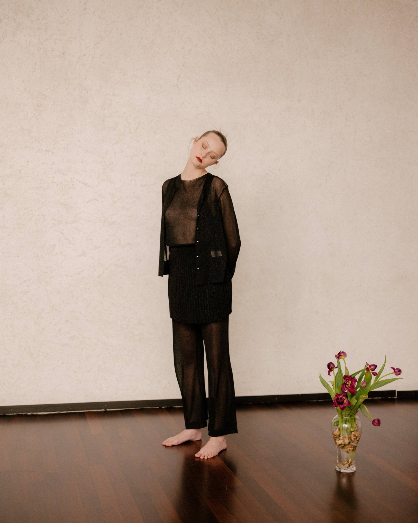 Glitter Cardigan Italian Knitwear - Relaxed Summer Fit styled with matching sheer pants and top, ideal for elegant summer layering.