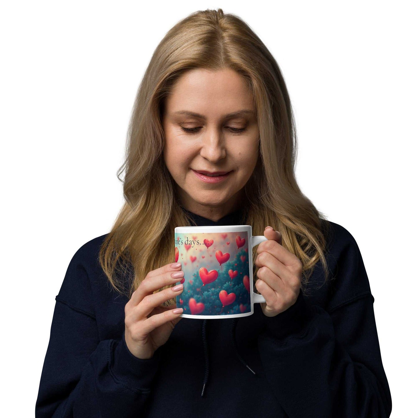 Smiling woman enjoying a warm drink in the Valentine's Day Mug - A Lifetime of Love 20oz, featuring heart-filled romantic design.