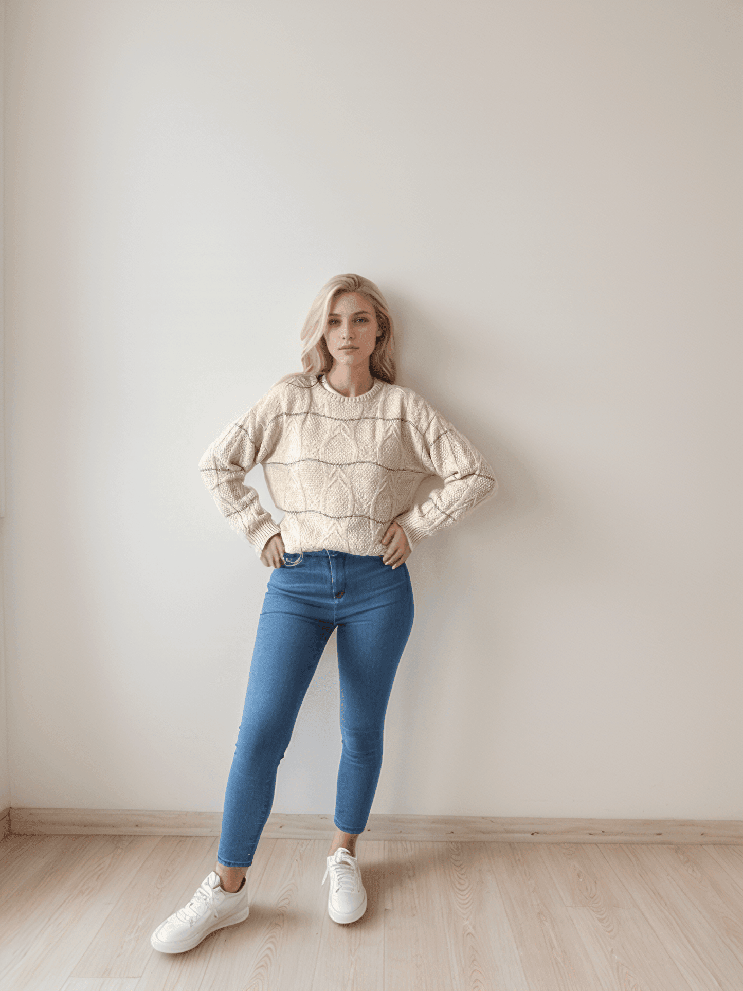 Sia by Tenné cable knit wool sweater in cream-gray with crew neck, styled with blue skinny jeans and white sneakers. Premium wool for autumn/winter wear.