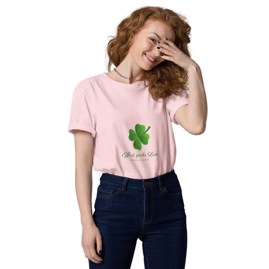 Pink Effort Sparks Luck organic cotton t-shirt featuring green four-leaf clover, ideal for eco-conscious unisex fashion.