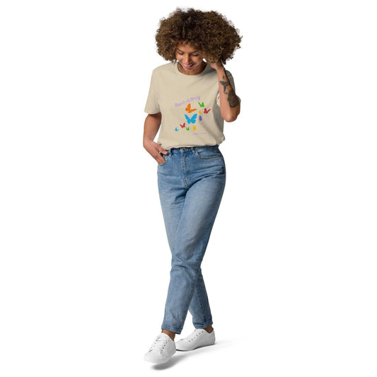 Hearts Fluttering T-Shirt - unisex organic cotton t-shirt in beige featuring vibrant butterflies, perfect for eco-conscious spring fashion.