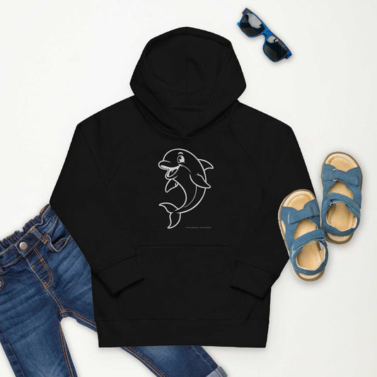 Flat lay of black Kids Eco Hoodie Dolphin with dolphin print, paired with jeans, sandals, and sunglasses. Organic cotton and recycled polyester.