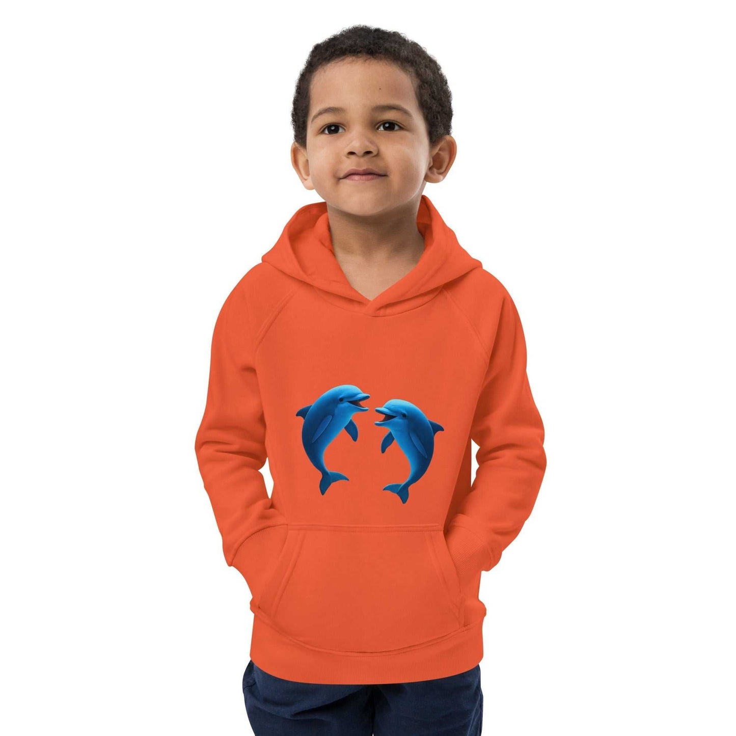 Front view of orange kids eco hoodie with dolphin print, crafted from organic cotton. Ideal for young ocean lovers and sustainable fashion.