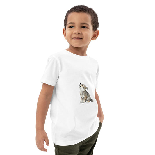 White Kids Organic Cotton T-Shirt with Baby Wolf Design from HenryPawHaven. Soft, sustainable fabric with adorable wolf illustration.