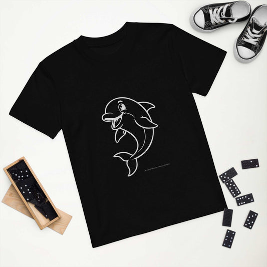 Flat lay of black Kids Organic Cotton T-Shirt with Dolphin Design. Eco-friendly and GOTS certified, ideal for conscious families.