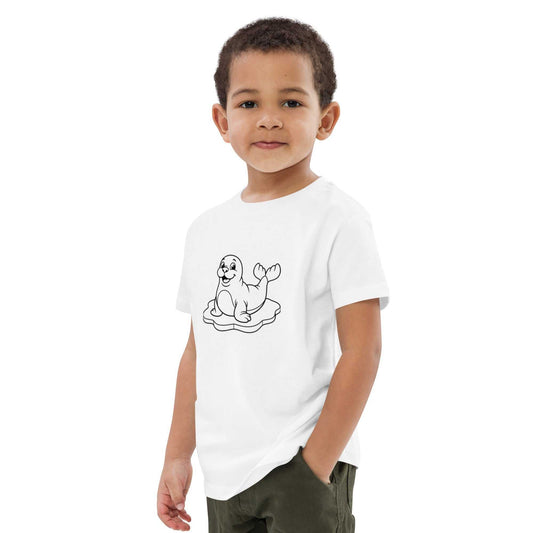 White eco-friendly kids t-shirt featuring a cute seal illustration, crafted from organic cotton for comfort and sustainability.