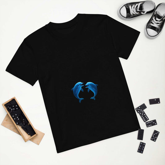Flat lay of Kids Organic Cotton T-Shirt in black with playful dolphins design. GOTS-certified eco-friendly apparel for kids.