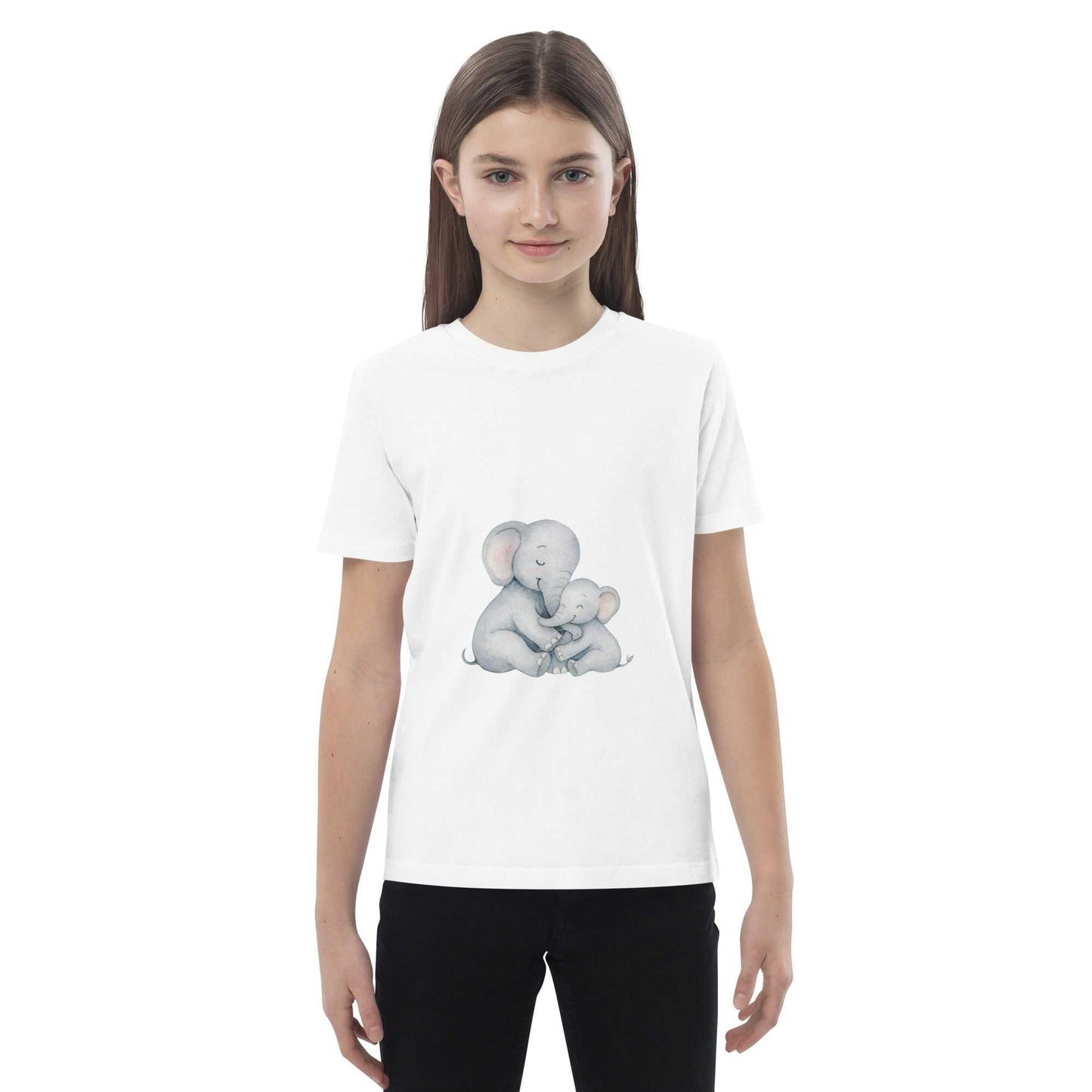 Front view of white Kids Organic Cotton T-Shirt - Elephant Design. GOTS certified, eco-friendly and comfortable kids wear.