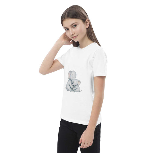 White Kids Organic Cotton T-Shirt - Elephant Design with soft elephant print. Comfortable, GOTS certified, eco-conscious kids clothing.