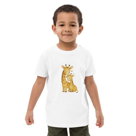Kids Organic Cotton T-Shirt - white t-shirt with adorable giraffe print, GOTS certified organic cotton, ideal for ages 3-13.