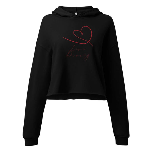 Black organic cropped hoodie with red 'Love Diving' heart design. Stylish eco-friendly Valentine's hoodie for women.