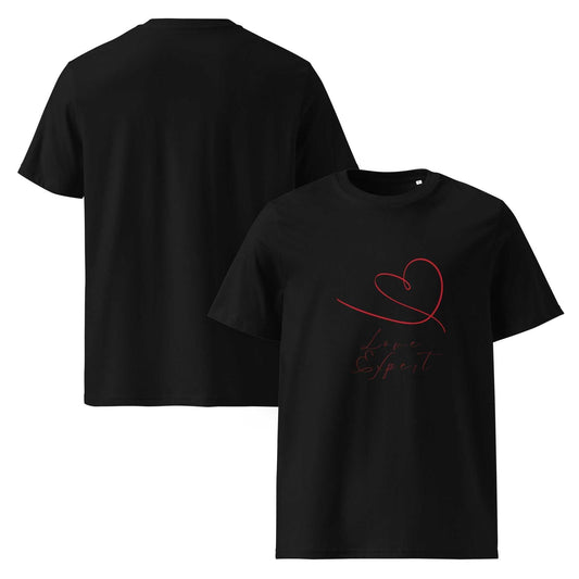 Black unisex organic cotton t-shirt featuring red heart and 'Love Expert' script. Eco-conscious, GOTS certified, perfect for everyday wear.