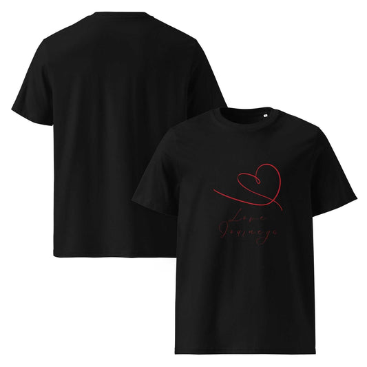 Black Love Journeys unisex organic cotton t-shirt with red heart and script design. Sustainable and GOTS certified.