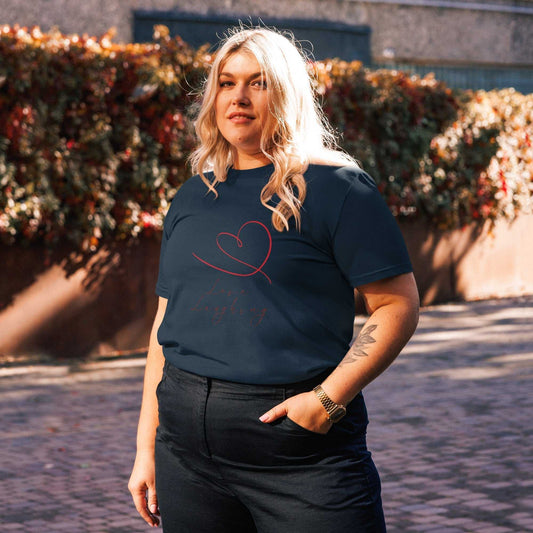 Love Laughing T-Shirt in navy blue organic cotton, featuring red heart artwork and sustainable unisex style.