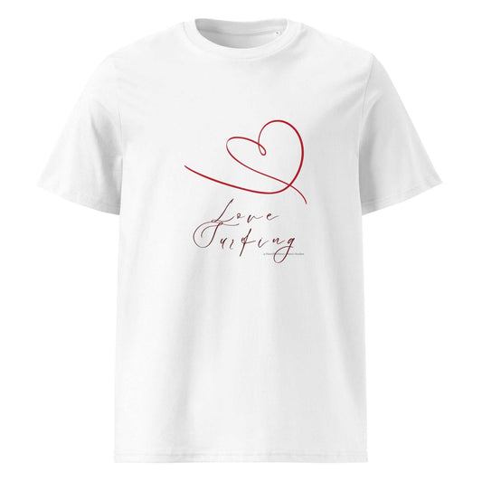 White Love Surfing T-Shirt in organic cotton featuring red heart and cursive script. Sustainable fashion for Valentine's Day.