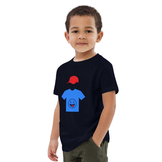 Eco-friendly black kids t-shirt made from organic cotton, showcasing a fun hooded figure design with blue shirt and red cap for active children.
