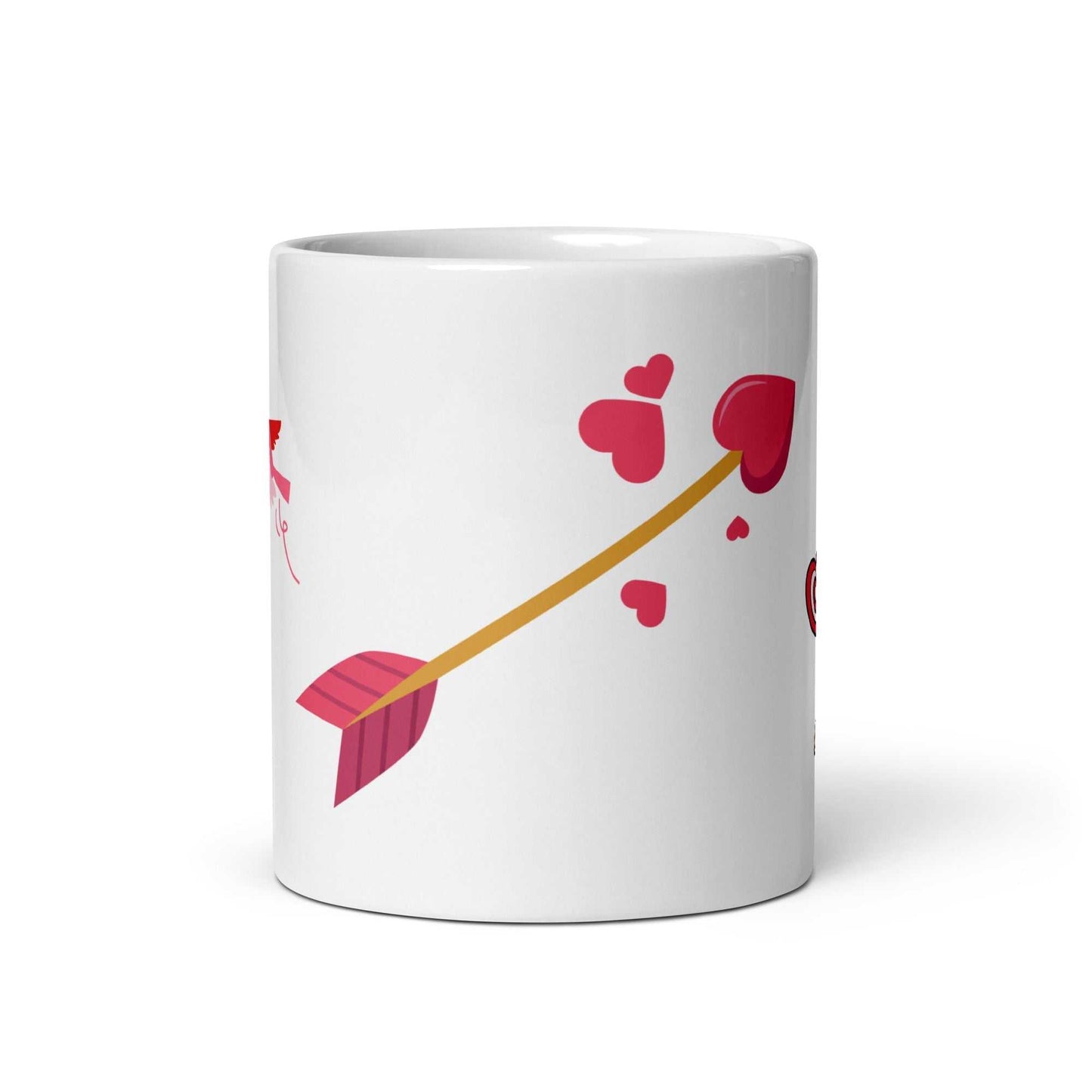 Valentine mug gift showcasing a heart-tipped arrow with floating hearts, 11 oz ceramic mug for coffee or tea lovers.