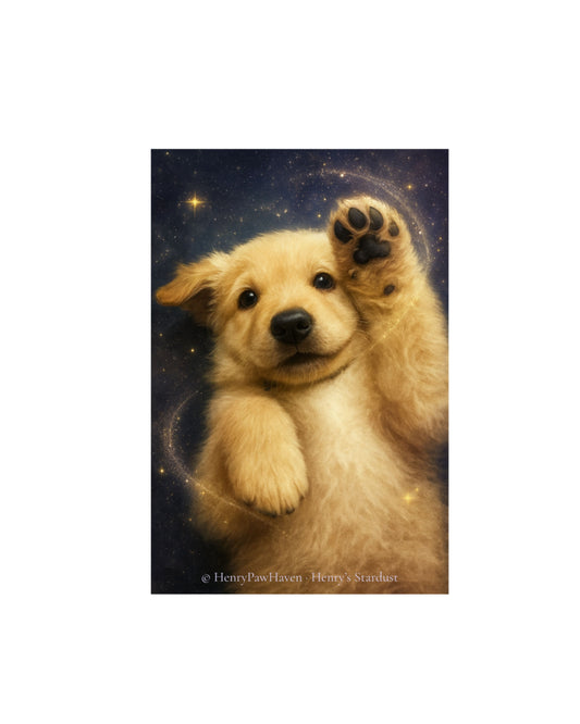 little blond hovawart puppy lying on his back, left paw up with his toes showing, surrounded by sparkling stars and stardust