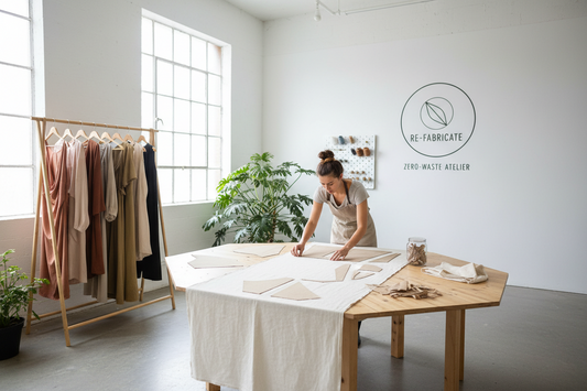 picture of a woman working at a table with a company logo behind her saying ‘no-wasste’, she is working on re-using fabrics and garments.