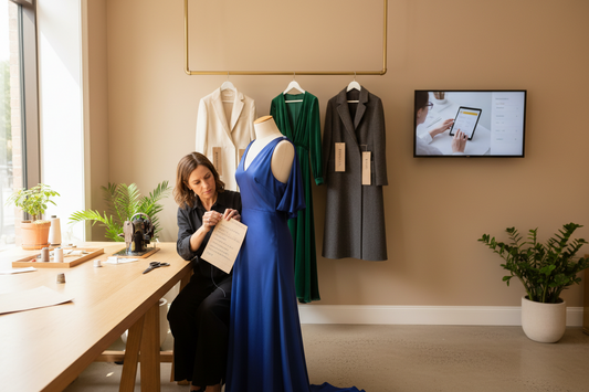 a female working on a custom order and in the background a screen where a customers is creating an on demand order