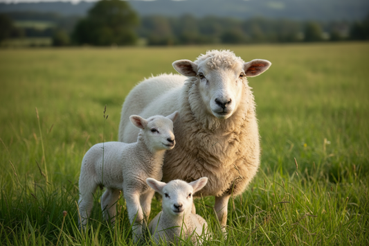 A mother sheep with her two lambs standing in a large green meadow