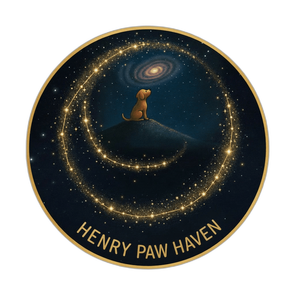  HenryPawHaven small logo, depicting Henry the puppy sitting on a small mountain of stardust in the galaxy, while looking up at the stars