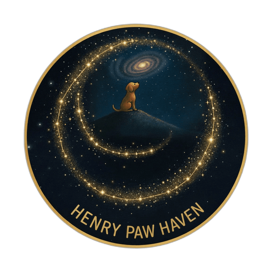  HenryPawHaven small logo, depicting Henry the puppy sitting on a small mountain of stardust in the galaxy, while looking up at the stars