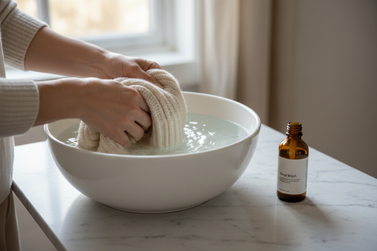 caring for cashmere, showing washing by hand with soft soap