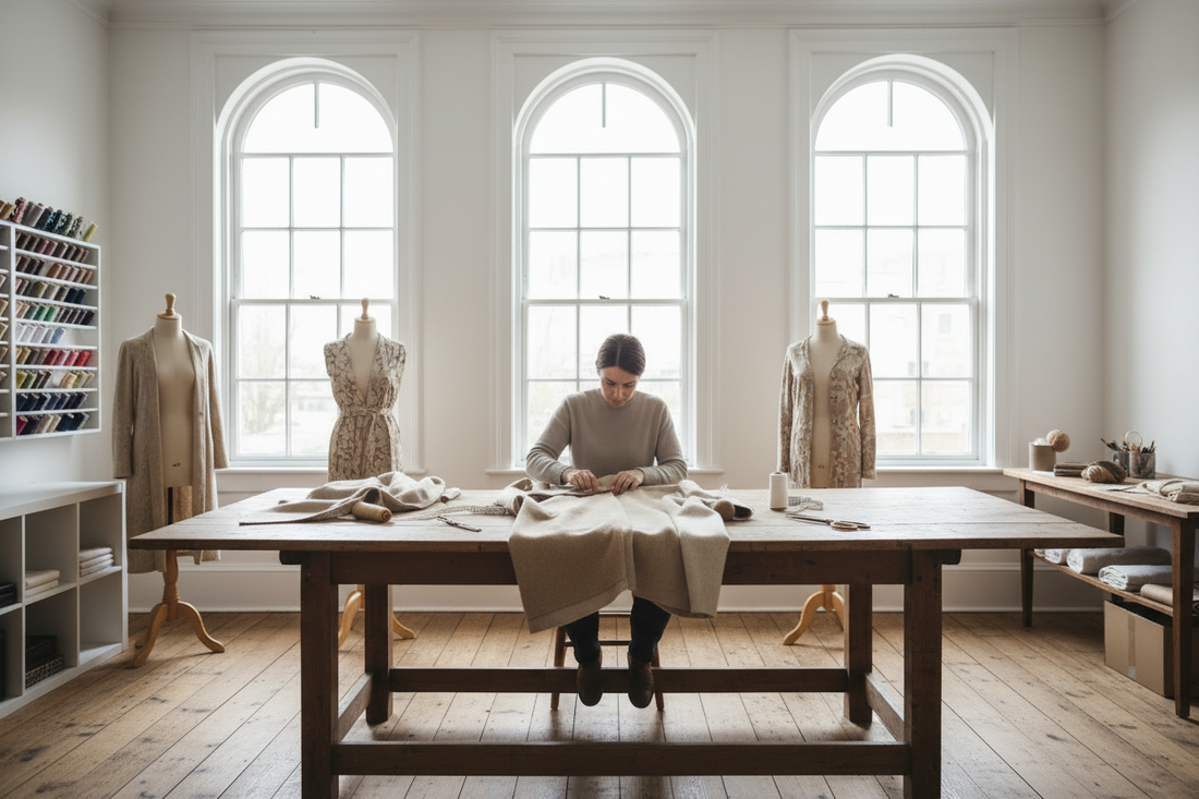 professional taylor atelier depicting a person working on a garment