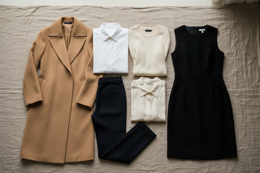 picture shows an example of a capsule wardrobe with a soft camel coat, a white dress shirt, black trousers, the little blach dress, a silk shirt