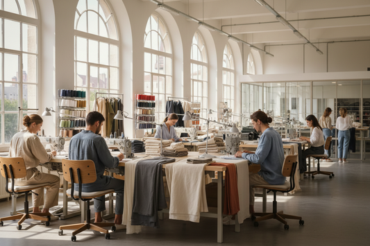 A clothing manufacturer with people working in a healthy and normal manner