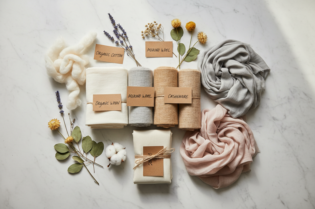 different ecological and ethical fabrics like merino, cashmere, silk, cotton