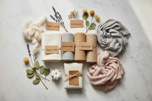 different ecological and ethical fabrics like merino, cashmere, silk, cotton