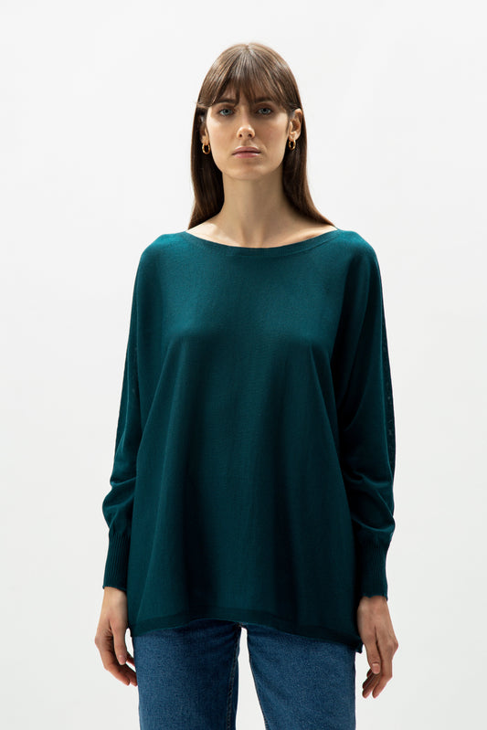 Extra Fine Merino Wool Boat Neck Oversized Sweater in teal green, Italian 3D-knit design with relaxed fit and fine ribbed cuffs.