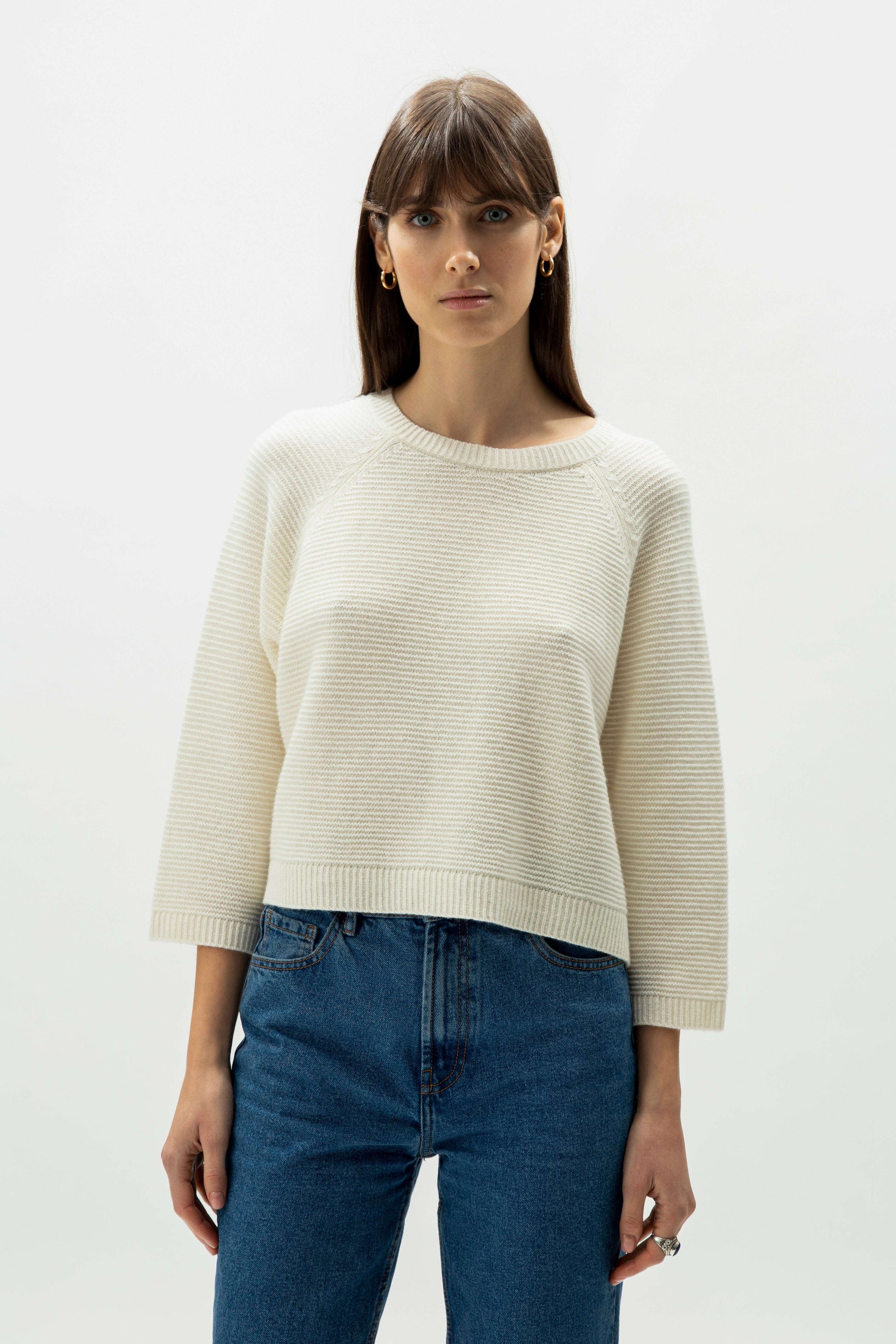Cashmere Mix Cropped 3/4 Sleeve Pullover