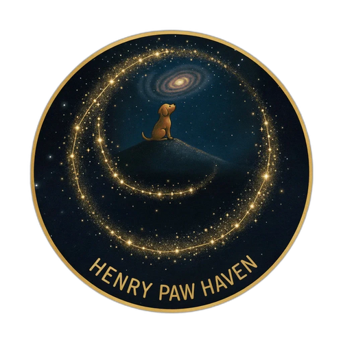 Dog sitting on hill under spiral galaxy, surrounded by sparkling gold stars, dark background logo.