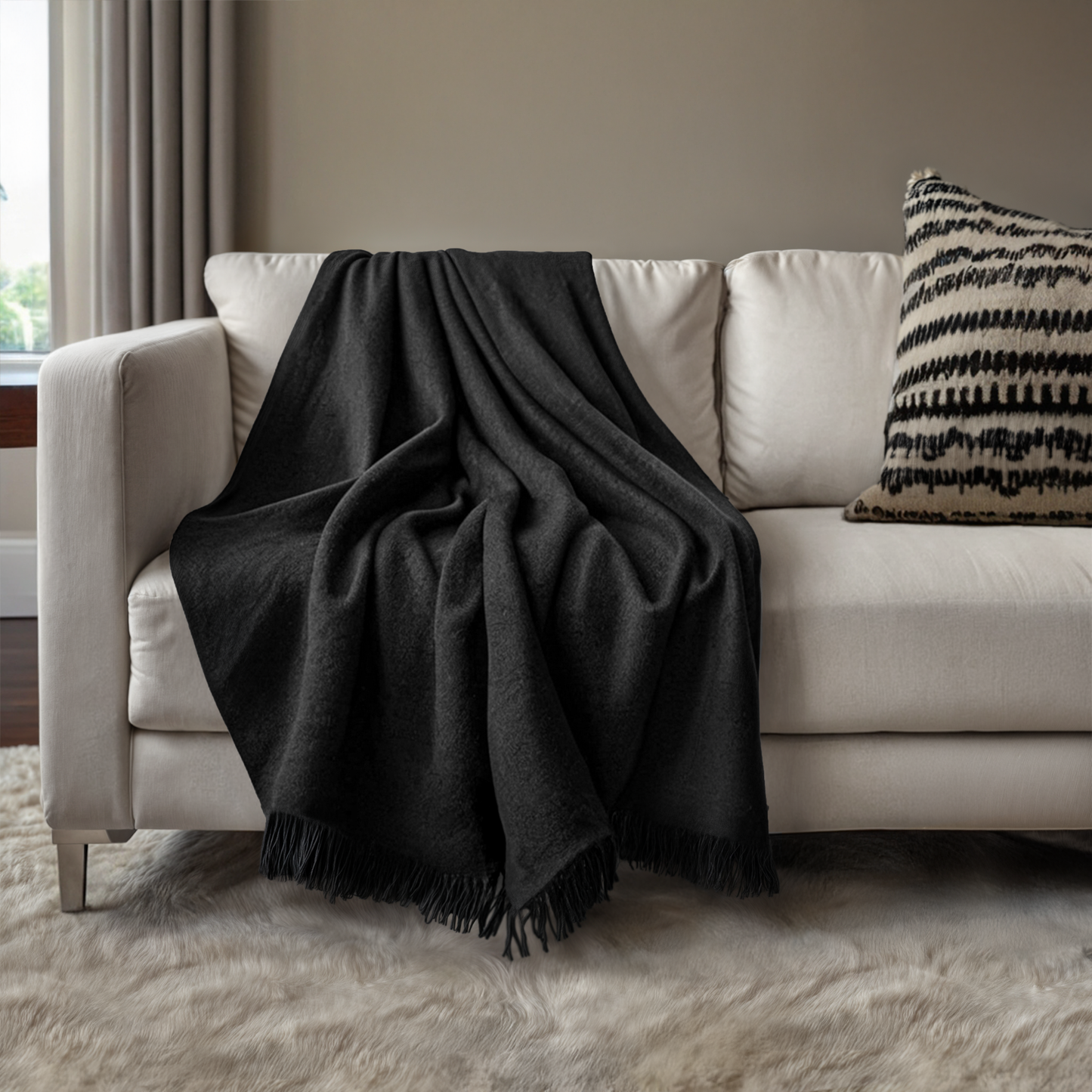 CASHMERE WOVEN THROW WITH FRINGES