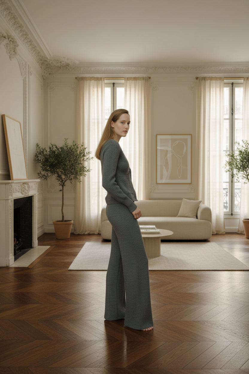 Woman in a gray outfit standing in a minimalistic room with neutral colors.