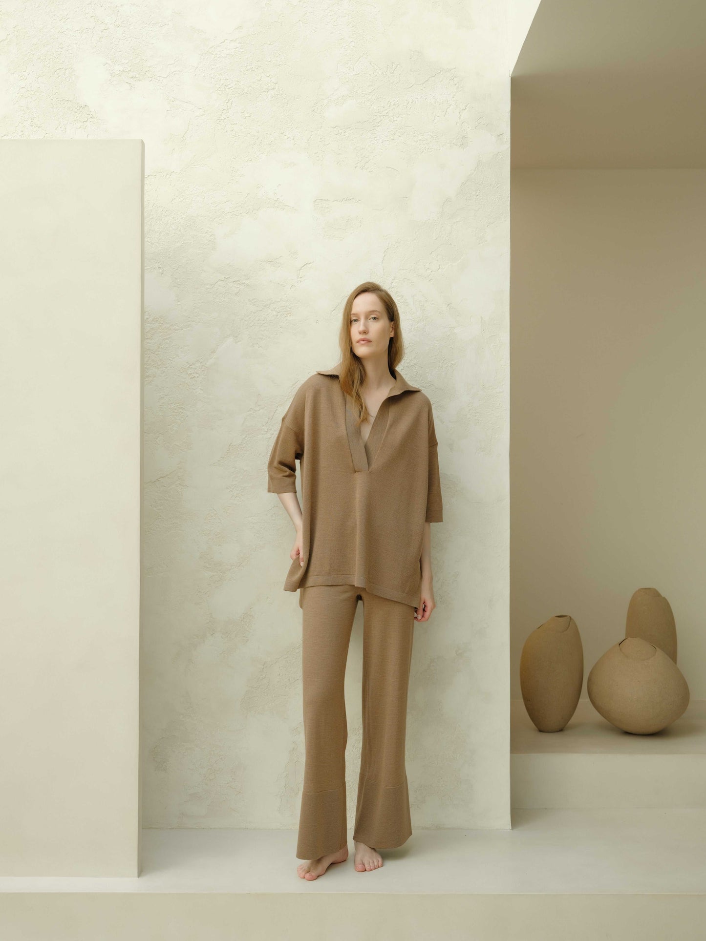 Full front view of brown Extra Fine Merino Wool Maxi Polo set, highlighting its minimalist design and sustainable fashion appeal.