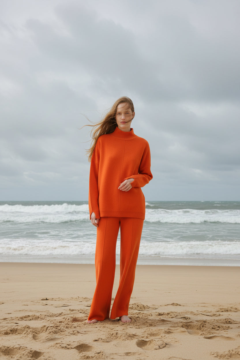 Woman wearing an orange outfit standing with bear feet on a windy beach