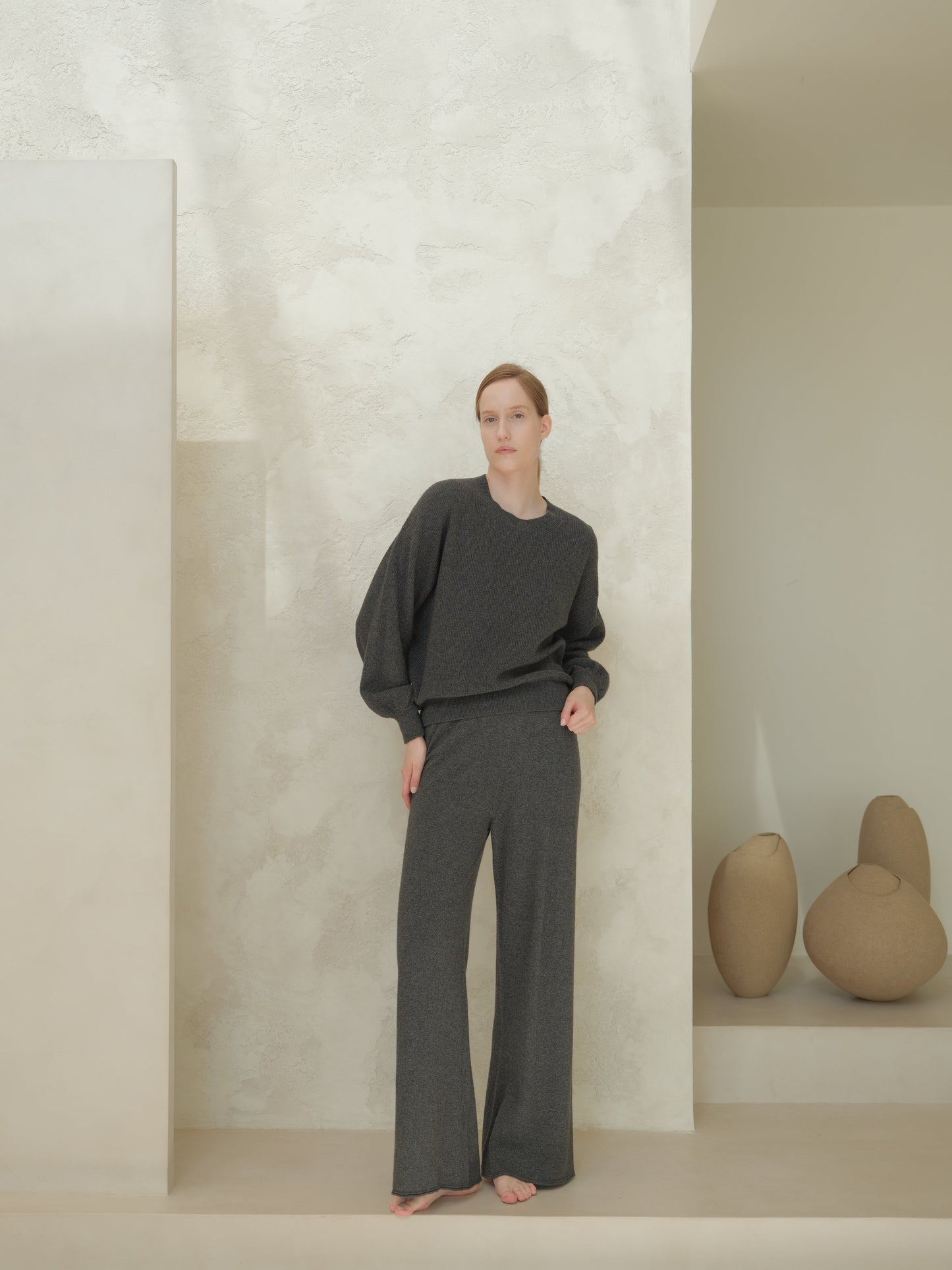 Charcoal gray 3D Cashmere Mix Wide Legged Light Pants by Lèmme, Italian knitwear in seamless wool-cashmere blend for refined loungewear.