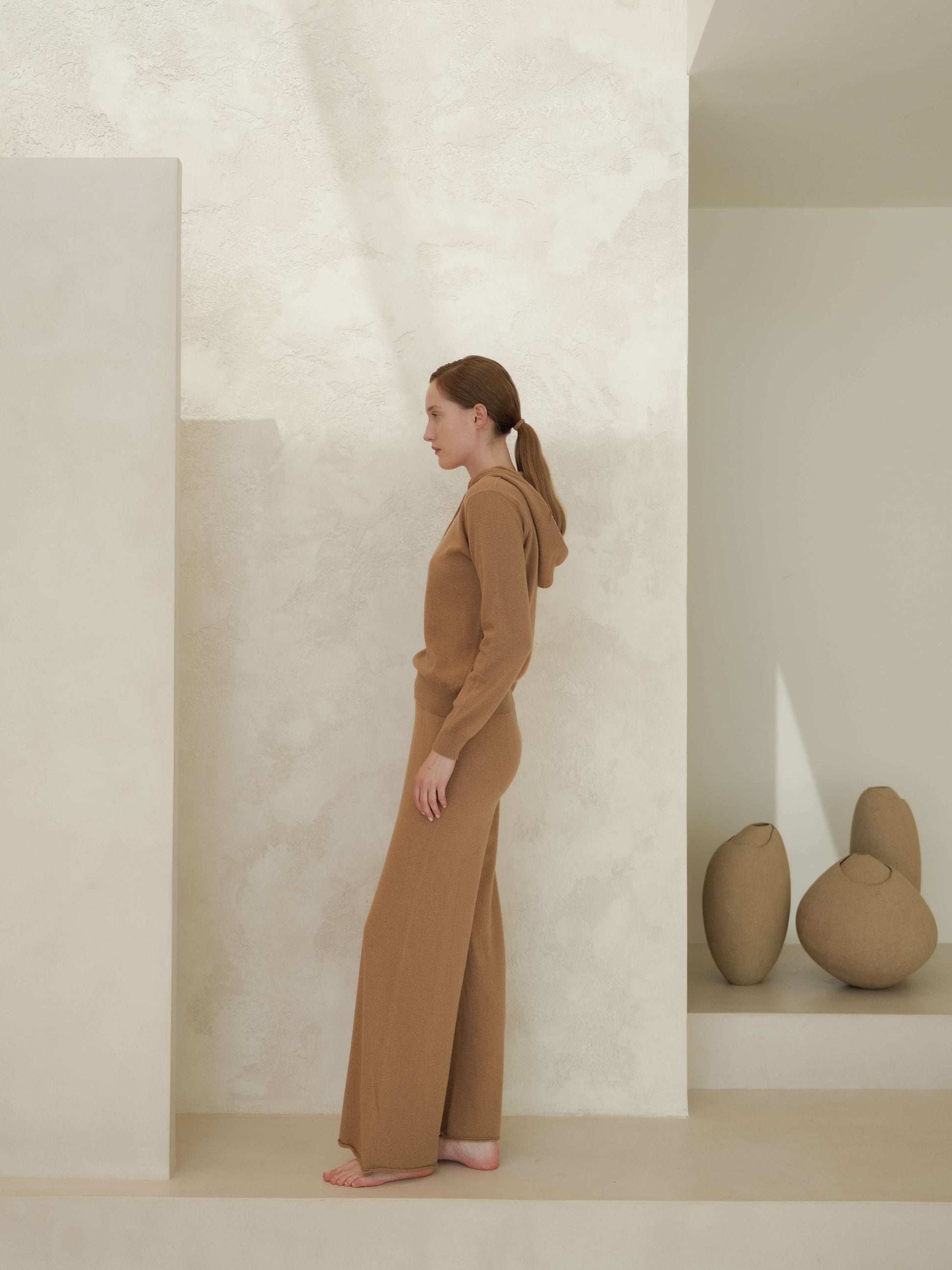 Camel-toned 3D Cashmere Mix Wide Legged Light Pants by Lèmme, Italian knitwear with seamless construction for elevated everyday wear.