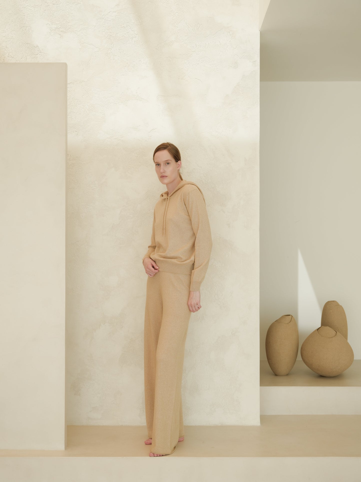 Beige 3D Cashmere Mix Wide Legged Light Pants by Lèmme, Italian luxury knitwear with seamless wool-cashmere blend for elegant loungewear.