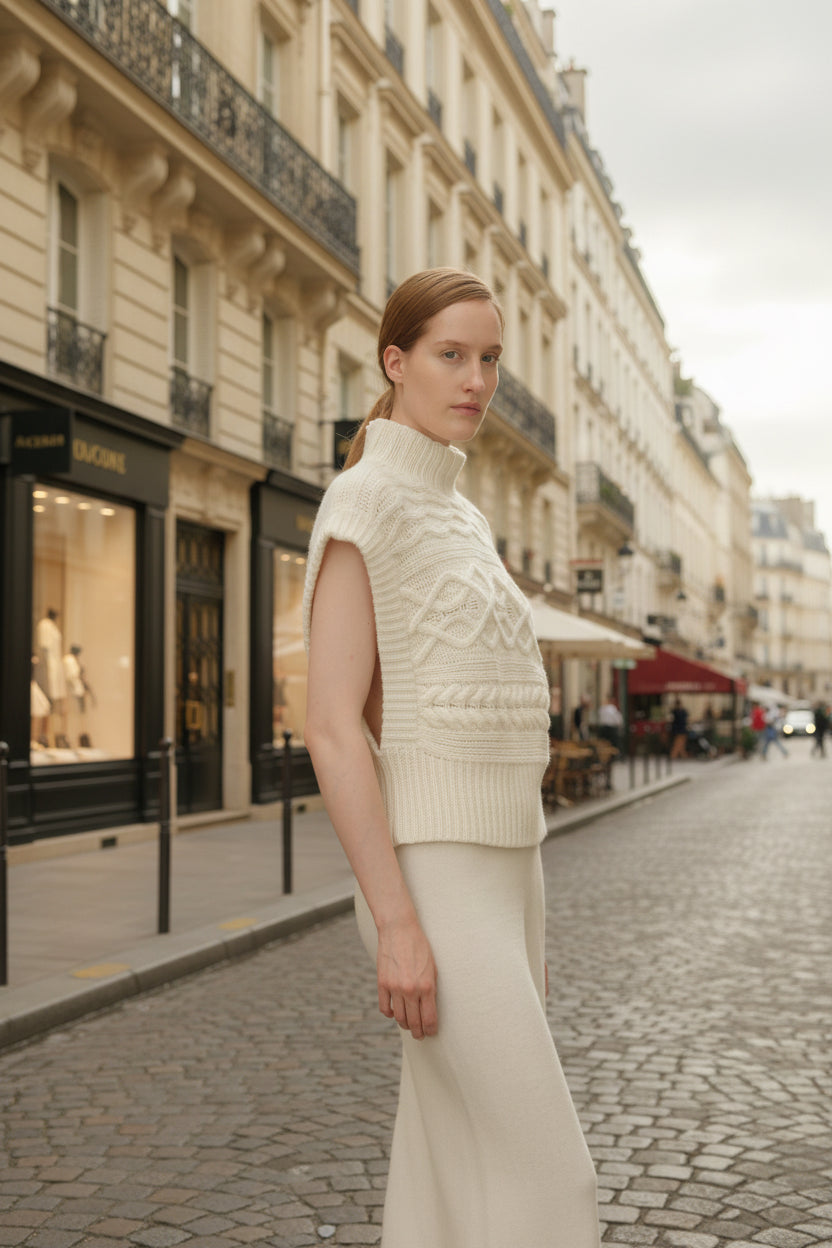 Woman wearing a pale sleeveless tunic in a Paris street