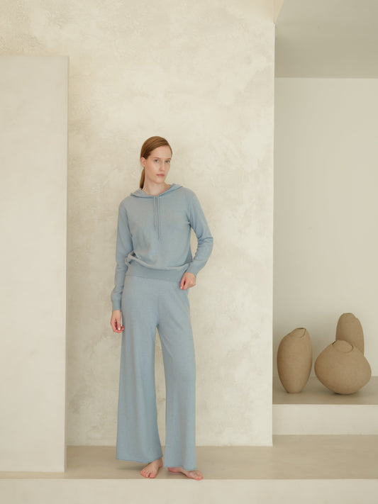 3D Cashmere Mix Wide Legged Light Pants in sky blue by Lèmme, Italian knitwear with seamless design for luxury comfort and style.