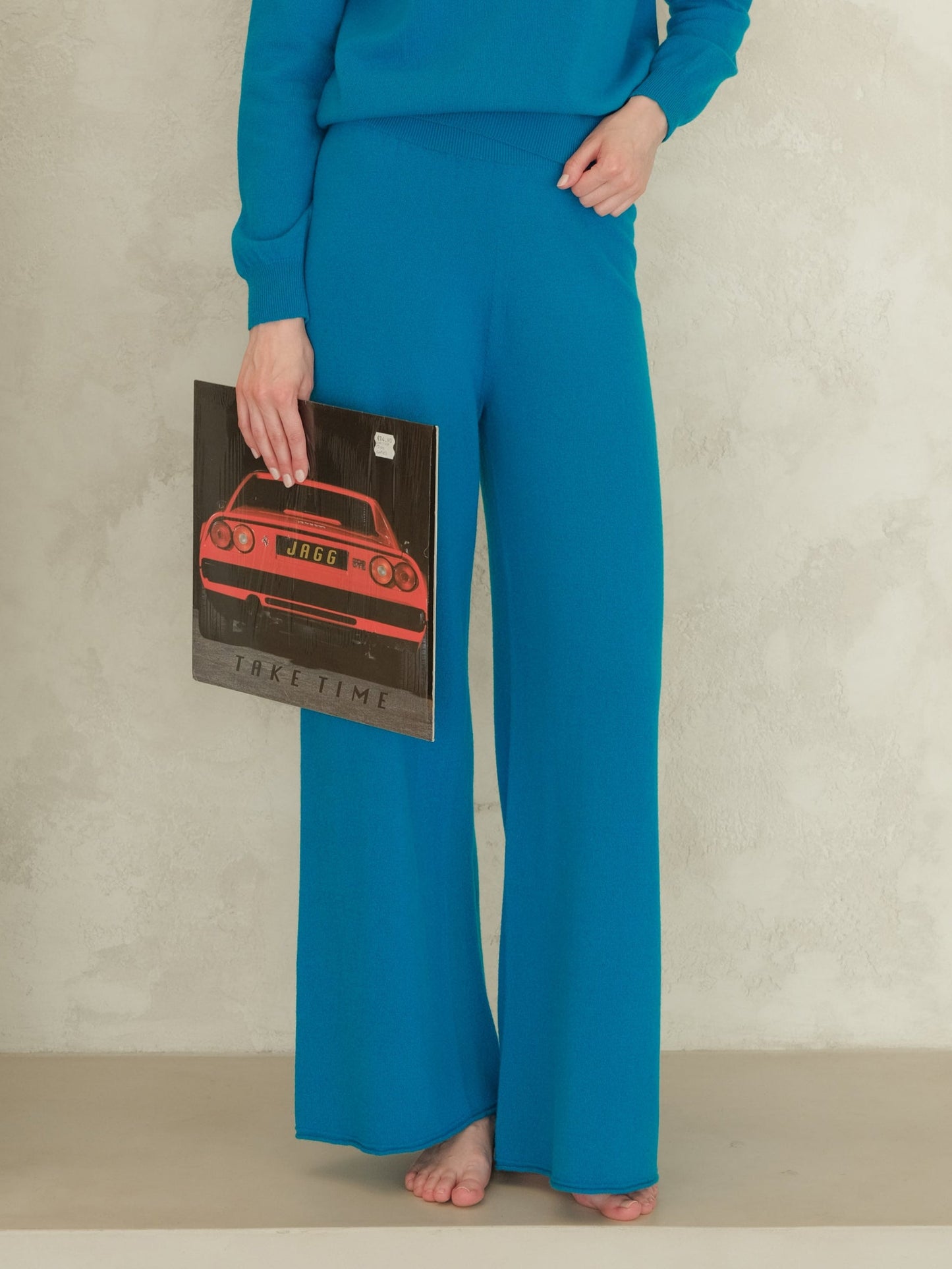 3D Cashmere Mix Wide Legged Light Pants in teal by Lèmme, featuring seamless Italian knitwear design for luxury comfort and style.